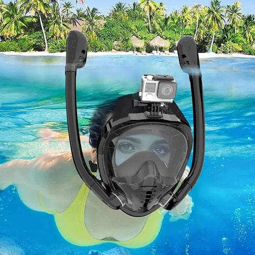 Full Face Snorkel Mask 180°Panoramic View Silicone Dry Top Snorkeling Diving Swimming Goggles With 2 Snorkels Anti-Fog Anti-Lea